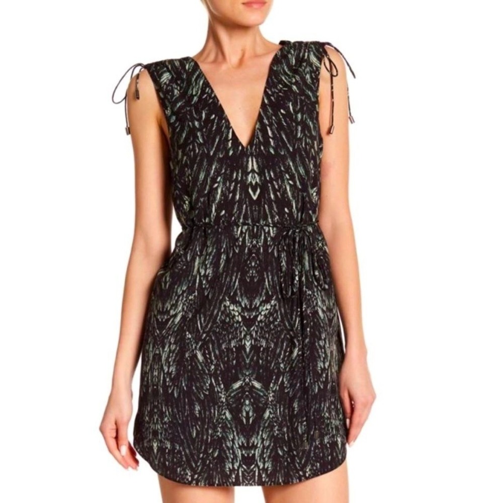 Haute Hippie Green & Black Follow Me Feathered Patterned‎ Mini Dress Size Small